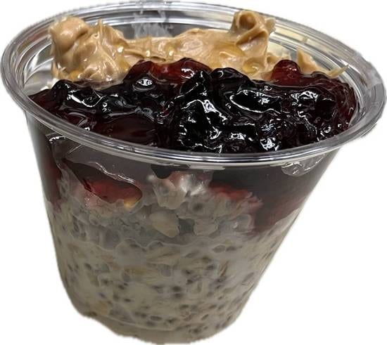 Peanut Butter & Jelly Overnight Oats with Chia Seeds.