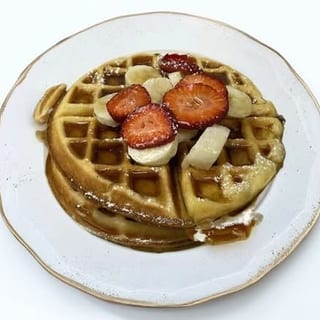 Belgian Waffles Topped with Bananas, Strawberries