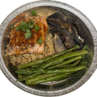 Grilled Teryaki Salmon Over Seasoned Rice with Asparagus and Mushrooms