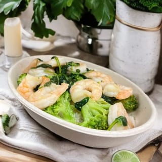 Grilled Seasoned Shrimp Over Cilantro Lime White Rice with Broccoli &Spinach